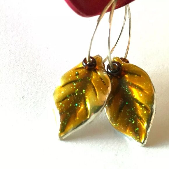 Gold Leaf Earrings Fall Thanksgiving Autumn Tree Leaves Halloween Harvest Plated - Picture 2 of 10